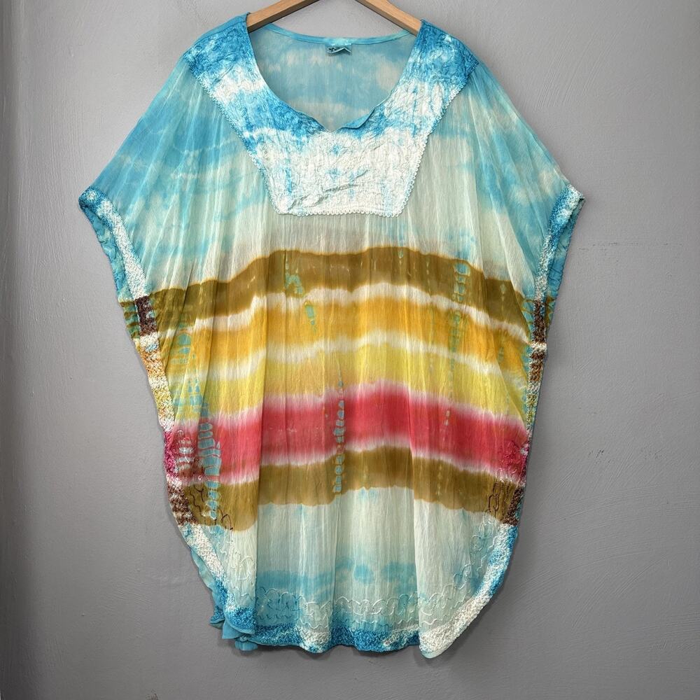 India Boutique Tunic Free Size Sheer Beachy Poncho Cover Up Embroidered Tie Dye